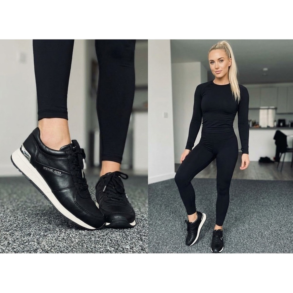 Michael Kors Allie Black Leather Silver Tone Logo Low Top Sneakers Shoes